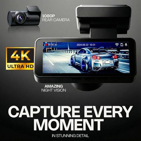 Pentro 4K Dual Dash Cam Front and Rear – UHD 2160P & 1080P Car Camera with WiFi – 64GB SD Card Included – Night Vision, G-Sensor, Parking Mode & Loop Recording – 170° Wide Angle in Kuwait