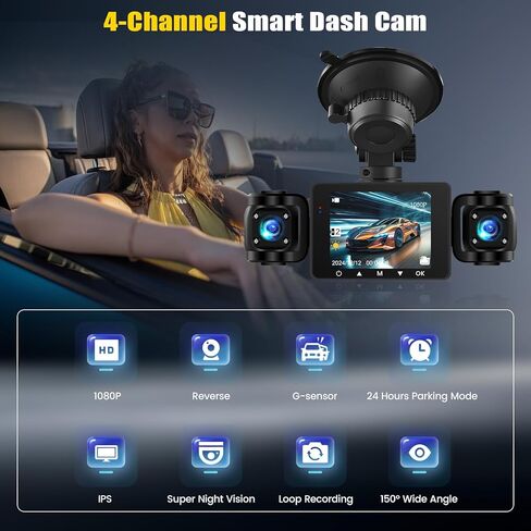 4 Channel Dash Cam Front and Rear Inside Left Right,2.4 Inch 1080P Dash Camera for Cars Car Camera with IR Night Vision,Loop Recording,G-Sensor,Parking Assistance,24H Parking Monitor in Kuwait