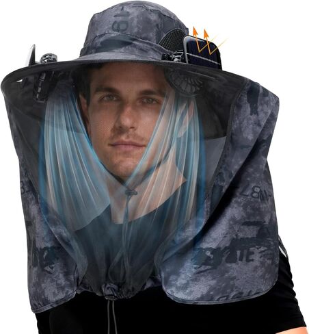 Mosquito Net Hat with 2 Solar Fan Wide Brim Sun Hat with Neck Flap Breathable UPF 50+ for Camping Hiking Fishing in Kuwait
