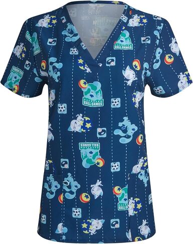 COCO BRANDS Blue's Clues Women's All Over Print, V-Neck Scrub Top with Pockets - Comfortable Work Uniform in Saudi Arabia