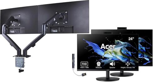 acer 24" FHD IPS Conferencing Monitor with Anti-Glare, Speakers, Webcam, Adjustable Height/Swivel/Tilt, VESA Mount (100mm), HDMI, VGA, Black Color w/DKZ Hub & ErgoFlexy Single Mount Arm in Kuwait