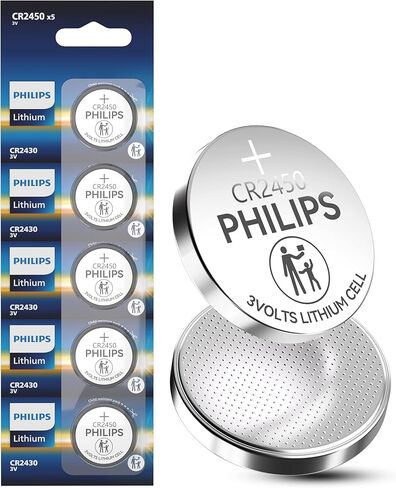 Philips CR2450 3V Lithium Button Cell Battery 5 Pack, 10 Year Shelf Life, Leak Proof, Child Resistant Packaging Works with Key Fob, Smart Lock & Home Electronics in Kuwait