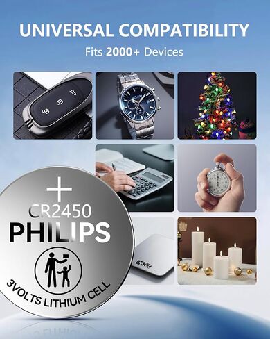 Philips CR2450 3V Lithium Button Cell Battery 5 Pack, 10 Year Shelf Life, Leak Proof, Child Resistant Packaging Works with Key Fob, Smart Lock & Home Electronics in Kuwait