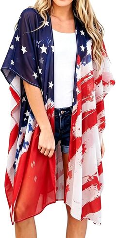 Women's American Flag Kimono Cardigan 4th of July Cover Up Lightweight Patriotic Kimono Cover Up in Kuwait