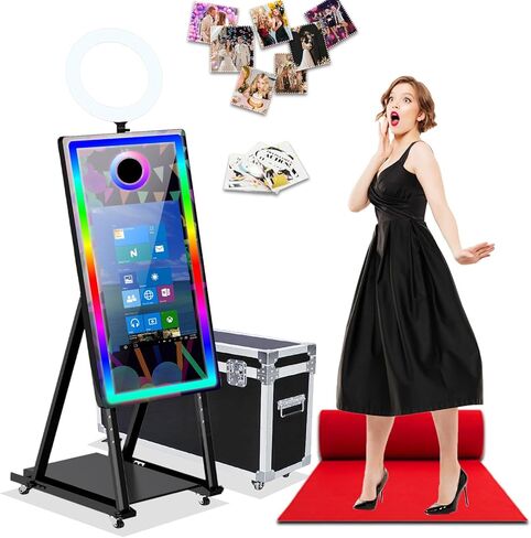 40in Magic Mirror Photo Booth Machine,21.5in Interactive Touch Screen Mirror Photo Booth with Flight Case,Built-in Mini Computer with Ring Light for Christmas、Party Events (Black, Machine + Printer) in Saudi Arabia