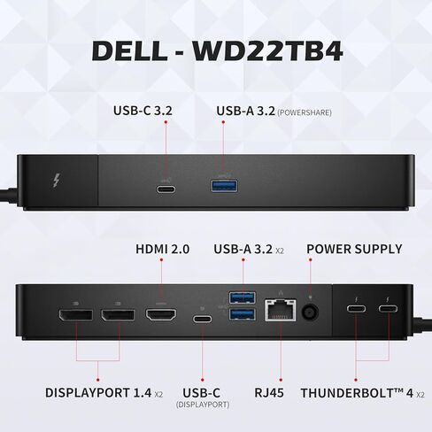 قاعدة إرساء WD22TB4 Dell، قاعدة أداء WD22TB4، محول 180 واط + توصيل طاقة 130 واط، دعم شاشة مزدوجة/ثلاثية وشاشات 4K، مع كابل Fkafusion Tech HDMI وDP، جديد - ضمان لمدة 3 سنوات in Kuwait