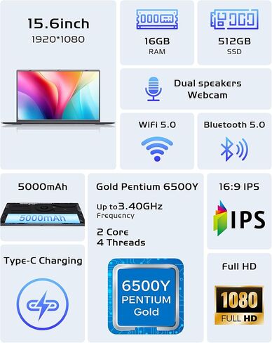 15.6 inch Laptop 16GB RAM - 512GB SSD Laptop Good for Business and Student, Pentium Processor (Up to 3.4GHz), IPS FHD Display, WIFI5 and BT5.0, Dual USB C, USB 3.2, HDMI in Kuwait