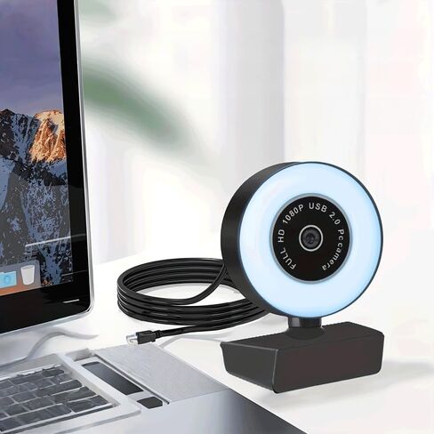 1080P Full HD Webcam Ring Light 3-Level Dimming 360 Rotating Base USB Plug-and-Play for Video Calls, Classes, Streaming, Black in Kuwait