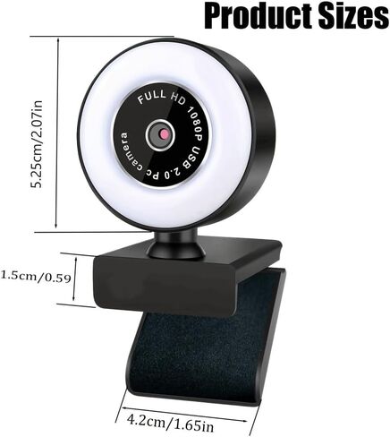 1080P Full HD Webcam Ring Light 3-Level Dimming 360 Rotating Base USB Plug-and-Play for Video Calls, Classes, Streaming, Black in Kuwait