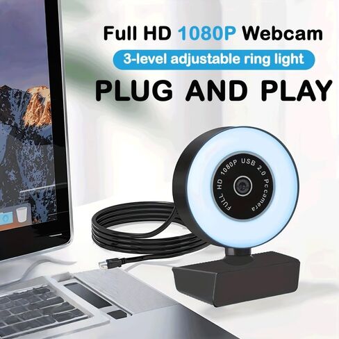 1080P Full HD Webcam Ring Light 3-Level Dimming 360 Rotating Base USB Plug-and-Play for Video Calls, Classes, Streaming, Black in Kuwait