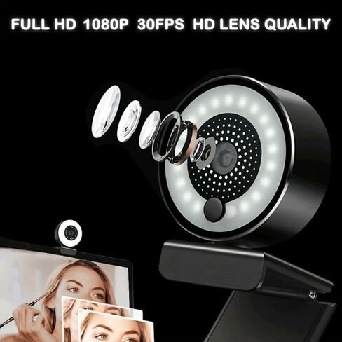 1080P Full HD Webcam Ring Light 3-Level Dimming 360 Rotating Base USB Plug-and-Play for Video Calls, Classes, Streaming, Black in Kuwait