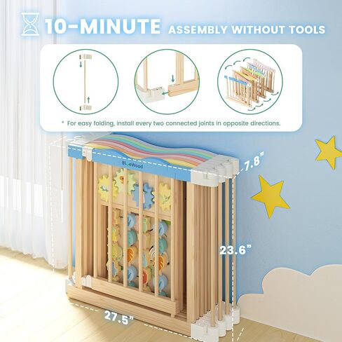 Foldable Wooden Playpen - Adjustable Wood Baby Play Yard with Child-Proof Lock, Indoor Large Safety Fence for Babies and Toddlers - Easy Assembly, 55 x 55 x 24 inches, Dino Land, Natural in Saudi Arabia