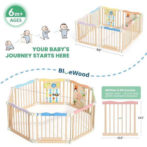 Foldable Wooden Playpen - Adjustable Wood Baby Play Yard with Child-Proof Lock, Indoor Large Safety Fence for Babies and Toddlers - Easy Assembly, 55 x 55 x 24 inches, Dino Land, Natural in Saudi Arabia