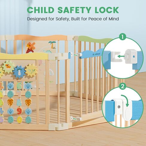 Foldable Wooden Playpen - Adjustable Wood Baby Play Yard with Child-Proof Lock, Indoor Large Safety Fence for Babies and Toddlers - Easy Assembly, 55 x 55 x 24 inches, Dino Land, Natural in Saudi Arabia
