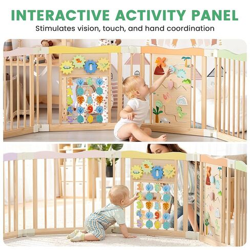 Foldable Wooden Playpen - Adjustable Wood Baby Play Yard with Child-Proof Lock, Indoor Large Safety Fence for Babies and Toddlers - Easy Assembly, 55 x 55 x 24 inches, Dino Land, Natural in Saudi Arabia