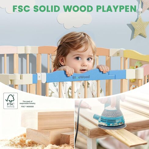 Foldable Wooden Playpen - Adjustable Wood Baby Play Yard with Child-Proof Lock, Indoor Large Safety Fence for Babies and Toddlers - Easy Assembly, 55 x 55 x 24 inches, Dino Land, Natural in Saudi Arabia