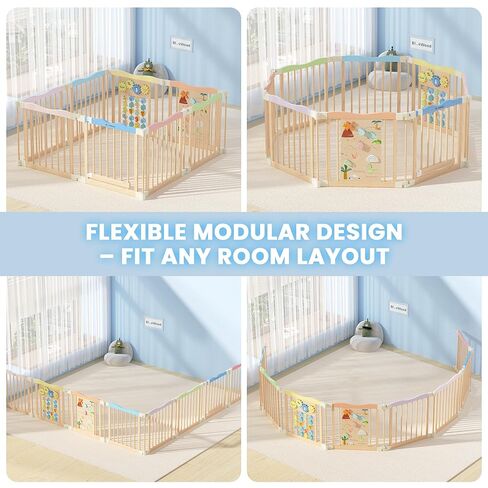 Foldable Wooden Playpen - Adjustable Wood Baby Play Yard with Child-Proof Lock, Indoor Large Safety Fence for Babies and Toddlers - Easy Assembly, 55 x 55 x 24 inches, Dino Land, Natural in Saudi Arabia