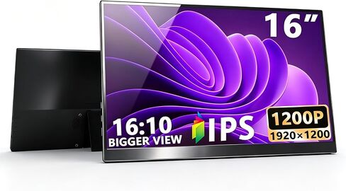 16" Portable Monitor 1200P 16:10 IPS Laptop Screen Extender, USB-C HDMI External Second Monitor with HDR, Built-in Stand & Speakers,VESA Compatible Portable Monitor for Laptop PC Mac Phone Xbox PS5 in Kuwait