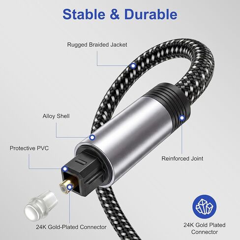 كابل صوت بصري بطول 5 أقدام، كابل ألياف ضوئية رقمي من Toslink، سلك صوت S/PDIF مجدول من النايلون لمكبرات الصوت، والسينما المنزلية، والستيريو، والتلفزيون، وXbox One/PS4 in Kuwait
