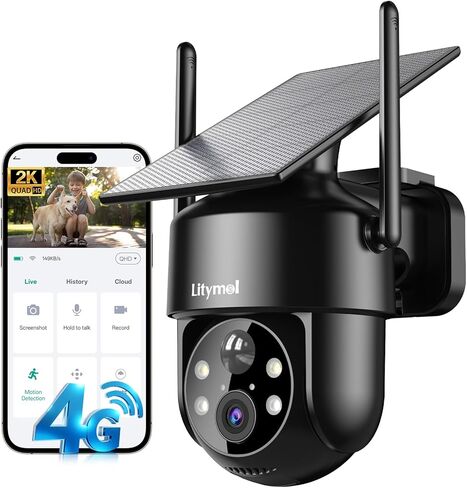 LITYMOL 2K Solar Camera for Home Safety, 360° View Security Cameras Wireless Outdoor, Color Night Vision, Siren Alarm, 2-Way Audio, AI Detection, SD/Cloud Storage, 2.4GHz WiFi in Kuwait