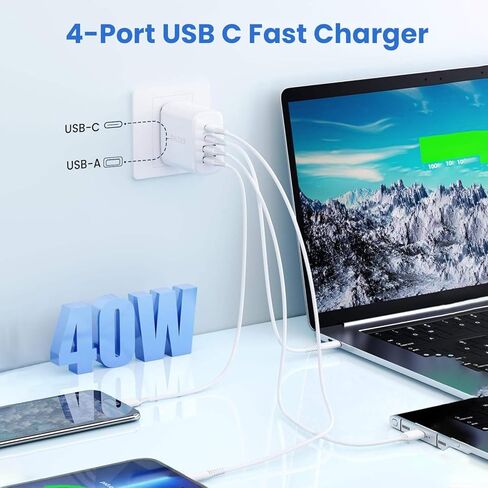 شاحن قابل للطي بأربعة منافذ USB بقدرة 40 وات - شاحن سريع USB-C وUSB-A مع مخرج طاقة ذكي للشحن الآمن - كتلة شحن متوافقة مع أجهزة Apple وAndroid وGoogle في وقت واحد in Kuwait