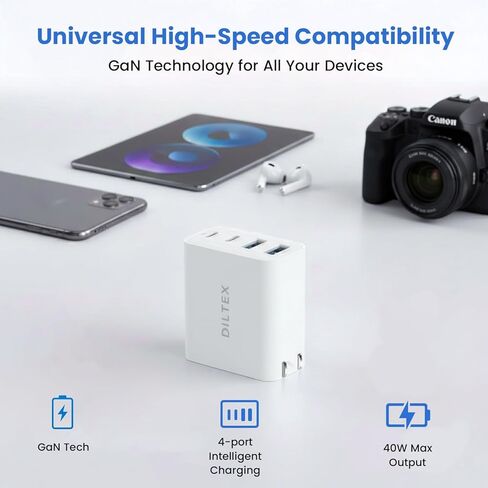 شاحن قابل للطي بأربعة منافذ USB بقدرة 40 وات - شاحن سريع USB-C وUSB-A مع مخرج طاقة ذكي للشحن الآمن - كتلة شحن متوافقة مع أجهزة Apple وAndroid وGoogle في وقت واحد in Kuwait