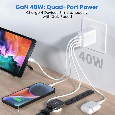 شاحن قابل للطي بأربعة منافذ USB بقدرة 40 وات - شاحن سريع USB-C وUSB-A مع مخرج طاقة ذكي للشحن الآمن - كتلة شحن متوافقة مع أجهزة Apple وAndroid وGoogle في وقت واحد in Kuwait