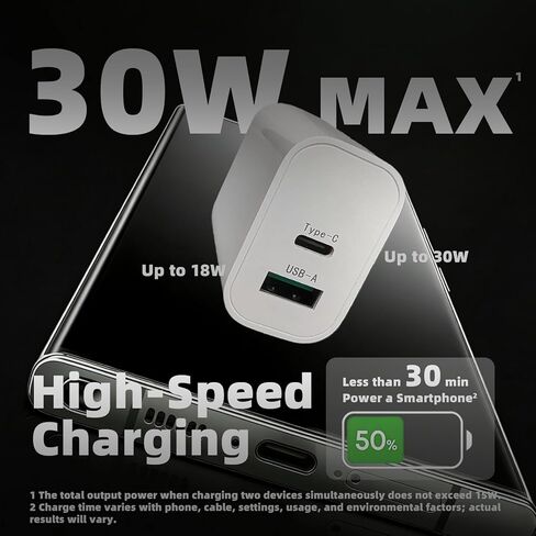 كتلة شاحن USB-C بقدرة 30 وات مع منفذ USB-A إضافي (أبيض، قطعتان)، قابس شحن سريع لمنفذ الحائط، محول طاقة من النوع C للهواتف المحمولة، والأجهزة اللوحية، وسماعات الأذن، وبنوك الطاقة، والأجهزة الذكية القابلة للارتداء، إلخ. in Kuwait