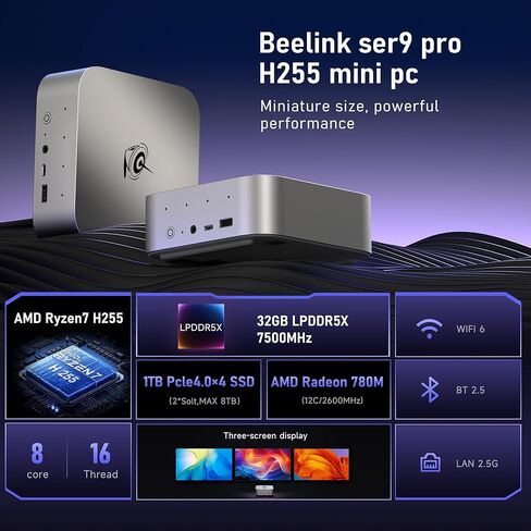 Beelink SER9 PRO Mini PC, AMD Ryzen 7 H255(8C/16T, Up to 4.9GHz), 32GB LPDDR5X 1TB PCIe4.0 SSD, 4K 240Hz Triple Display/USB4.0/WiFi6/BT5.2/2.5G LAN/Win 11 Pro, Home/Office Mini Computer in Kuwait