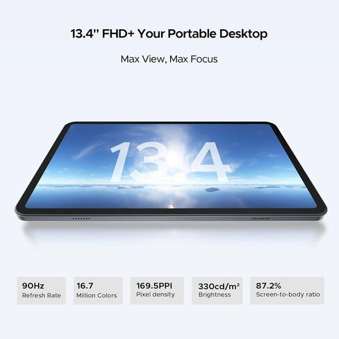 تابلت Tab G6 MAX Android 16، تابلت 13.4 بوصة 90 هرتز 7.7 مم، أجهزة لوحية ألعاب رفيعة للغاية مع Gemini AI، 32 جيجابايت + 256 جيجابايت/2 تيرابايت TF، 11000 مللي أمبير + 18 وات، UNISOC T7280 ثماني النواة، 13 ميجابكسل + 8 ميجابكسل، مكبرات صوت مزدوجة/معرف الوج in Kuwait