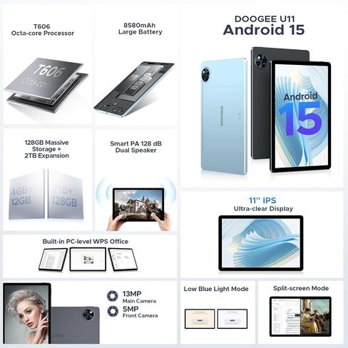 تابلت U11(2026) 11 بوصة 16 جيجابايت + 128 جيجابايت / 2 تيرابايت TF ثماني النواة شاشة 90 هرتز، 8580 مللي أمبير، تابلت أندرويد 15، 1080 بيكسل، بلوتوث 5.0 + 5 جي واي فاي، 13 ميجابكسل + 5 ميجابكسل، معرف الوجه، هيكل معدني in Kuwait