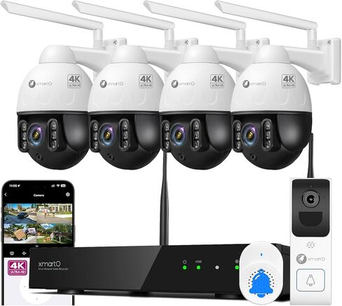 [جرس الباب + 4-CAM] حزمة أمان XMARTO 10 قنوات 4K WiFi 6 NVR مع 4 حزم 4K 8MP WiFi6 PTZ Cam & 1 جرس باب ذكي للفيديو، واي فاي ثنائي النطاق طويل المدى 6، تركيب بدون أسلاك، 0 رسوم شهرية in Kuwait