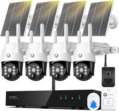 [جرس الباب + 4-CAM] حزمة أمان XMARTO 10 قنوات 4K WiFi 6 NVR مع 4 كاميرات PTZ لاسلكية تعمل بالطاقة الشمسية بدقة 4 ميجابكسل و1 جرس باب ذكي للفيديو، واي فاي طويل المدى ثنائي النطاق 6، تركيب بدون أسلاك، 0 رسوم شهرية in Kuwait