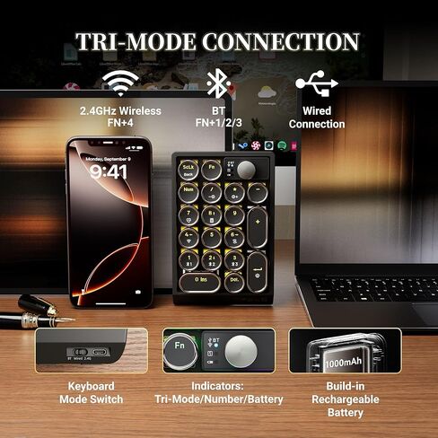 7KEYS Retro Mechanical Numpad with RGB Backlit, Hot Swappable, Wireless Bluetooth and 2.4G Connection, 1000mAh Battery, Function Knob for PC Laptop in Kuwait
