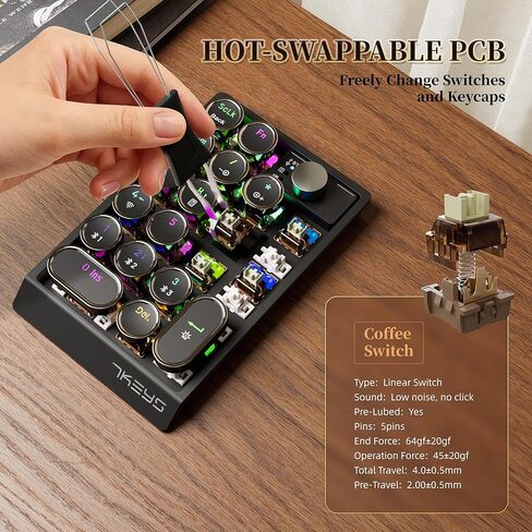 7KEYS Retro Mechanical Numpad with RGB Backlit, Hot Swappable, Wireless Bluetooth and 2.4G Connection, 1000mAh Battery, Function Knob for PC Laptop in Kuwait