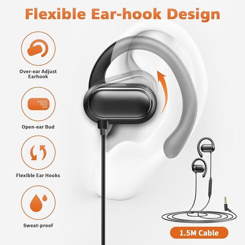 ACANDYA سماعات أذن سلكية 3.5 مم فوق الأذن لأجهزة iPod/MP3 للكمبيوتر المحمول لأجهزة Android سماعة أذن رياضية مفتوحة لطلاب المدارس بالطائرة والجري وممارسة التمارين الرياضية مع ميكروفون أسود in Kuwait