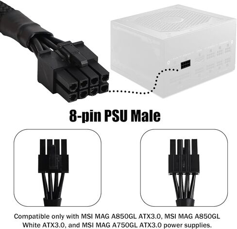 PCIe Power Cable for MSI PSU, 70cm/27.5in Black Braided 8 Pin Male to 6+2 Pin Male GPU Extension Cable 18AWG 10A Modular Power Supply Cables for MSI MAG A850GL ATX3.0 A750GL ATX3.0 in Kuwait