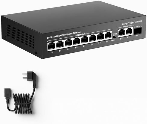 محول 8 منافذ Gigabit PoE+، 2 منفذ توصيل وفتحة ألياف SFP واحدة، ميزانية طاقة PoE 120 وات، IEEE 802.3af/at، محول شبكة غير مُدار، معدن بدون مروحة، التوصيل والتشغيل لكاميرات IP، نقطة وصول لاسلكية in Kuwait