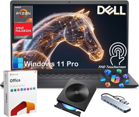 Dell Inspiron 15 Touchscreen Laptop Computer, Windows 11 Pro, Lifetime MS Office, AMD Ryzen 7 7730U, 15.6'' FHD WVA Display, 16GB RAM + 1TB SSD, External DVD Drive & 8-in-1 HUB, AMD Radeon Graphics in Kuwait