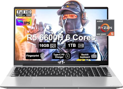 NIMO 15.6 FHD-Laptop,6-Cores AMD Ryzen 5 6600H 660M 6nm GPU, 16GB DDR5 1TB SSD (Beat i5-12450H) IPS 100W Type-C Gaming Business Laptops-Computer with Fingerprint Backlit Keyboard WiFi5 Win 11 in Kuwait