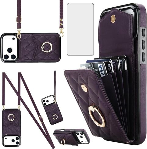 Asuwish Phone Case for iPhone 17 6.3 inch Wallet Cell Cover with Tempered Glass Screen Protector Crossbody Wrist Strap Ring Stand RFID Blocking Card Holder i Phone17 i17 17Case Women Girls Wine Red in Saudi Arabia