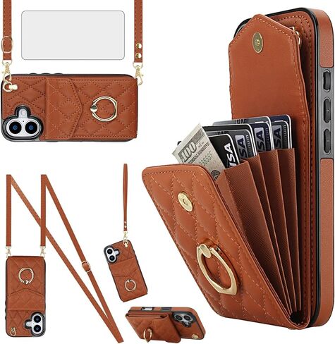 Asuwish Phone Case for iPhone 17 6.3 inch Wallet Cell Cover with Tempered Glass Screen Protector Crossbody Wrist Strap Ring Stand RFID Blocking Card Holder i Phone17 i17 17Case Women Girls Wine Red in Saudi Arabia