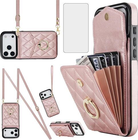 Asuwish Phone Case for iPhone 17 6.3 inch Wallet Cell Cover with Tempered Glass Screen Protector Crossbody Wrist Strap Ring Stand RFID Blocking Card Holder i Phone17 i17 17Case Women Girls Wine Red in Saudi Arabia