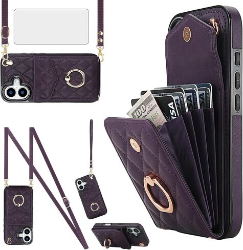 Asuwish Phone Case for iPhone 17 6.3 inch Wallet Cell Cover with Tempered Glass Screen Protector Crossbody Wrist Strap Ring Stand RFID Blocking Card Holder i Phone17 i17 17Case Women Girls Wine Red in Saudi Arabia