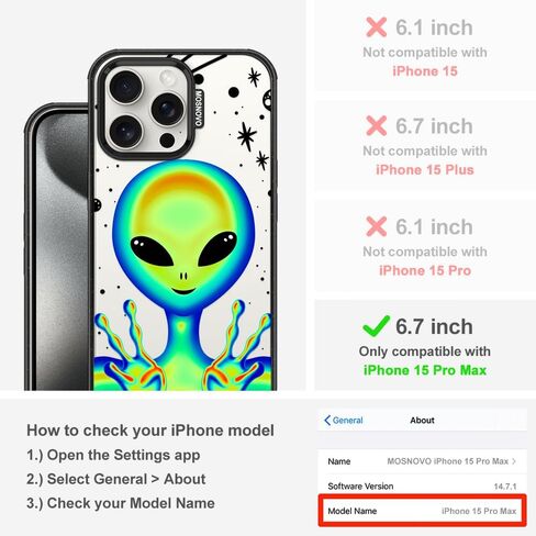 MOSNOVO Case for iPhone 15 Pro Max, [10ft 4X Military-Grade Drop Protection] Durable & Shockproof Phone Case Cover Design for iPhone 15 Pro Max - Alien Piece - Clear Black in Kuwait