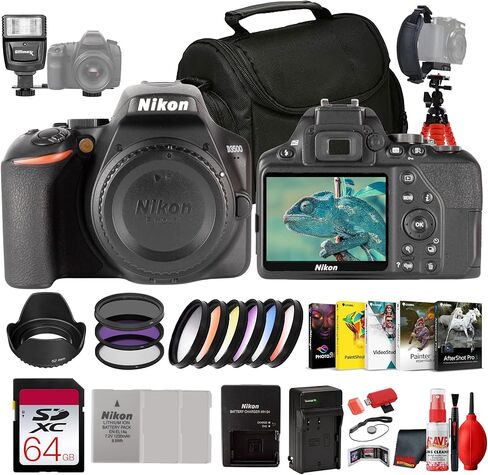كاميرا Nikon D3500 Body Only DSLR - مستشعر DX 24.2 ميجابكسل، عناصر تحكم سهلة، فيديو عالي الدقة بالكامل (1590) + مرشحات ألوان 55 مم + بطاقة 64 جيجابايت + 2 × بديل EN-EL14 + فلاش + المزيد (حزمة مكونة من 17 قطعة) in Kuwait