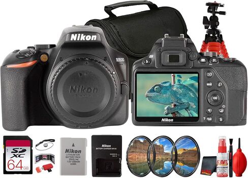 كاميرا Nikon D3500 Body Only DSLR - مستشعر DX 24.2 ميجابكسل، عناصر تحكم سهلة، فيديو عالي الدقة (1590) + بطاقة 64 جيجابايت + حقيبة كاميرا + المزيد (حزمة 9 قطع) in Kuwait