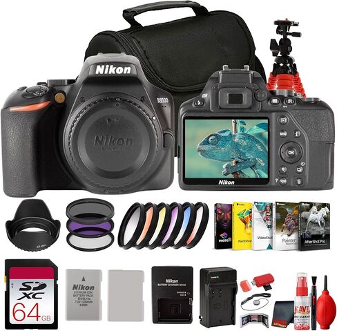كاميرا Nikon D3500 Body Only DSLR - مستشعر DX 24.2 ميجابكسل، عناصر تحكم سهلة، فيديو عالي الدقة بالكامل (1590) + مرشحات ألوان 55 مم + برنامج صور + بطاقة 64 جيجابايت + استبدال EN-EL14 + المزيد (حزمة مكونة من 14 قطعة) in Kuwait