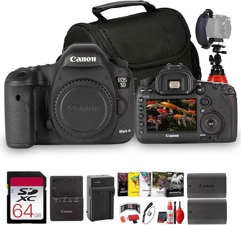 هيكل كاميرا Canon EOS 5D Mark III بإطار كامل DSLR بدقة 22.3 ميجابكسل، و61 نقطة تركيز بؤري تلقائي، وفتحات بطاقة مزدوجة، وفيديو بدقة 1080 بكسل (5260B002) + برنامج صور + بطاقة ذاكرة سعة 64 جيجابايت + حقيبة كاميرا + المزيد (حزمة مكونة من 12 قطعة) in Kuwait