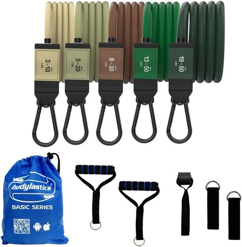 Bodylastics Resistance Band Set - Resistance Bands with Handles, Ankle Straps, Door Anchor, Carry Bag - Heavy-Duty Stretch Exercise Bands -Patented Clips and Snap Reduction Tech -Fitness Workout Bands in Saudi Arabia